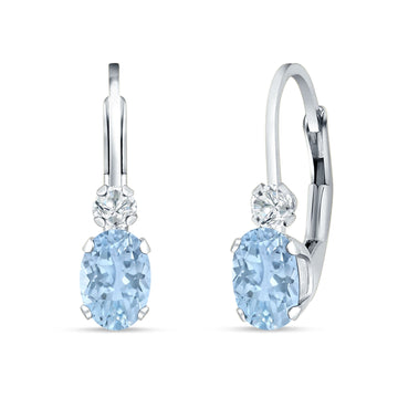 Oval Drop Dangle Charm Leverback Earring Aquamarine CZ 925 Sterling Silver